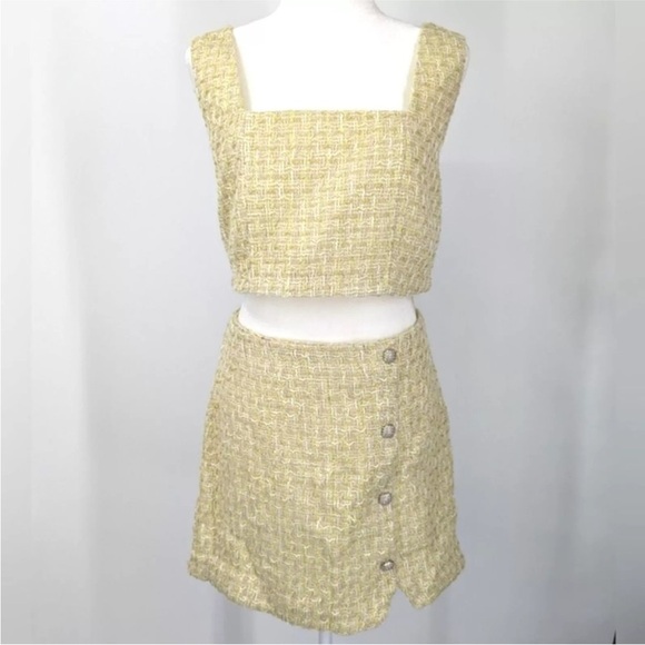 House of Harlow 1960 Yellow Tweed Skirt & Crop Top Set Size L NWT - Picture 1 of 9